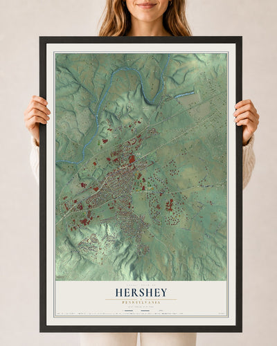 Map of Hershey, Pennsylvania, 24 x 36 inch print in a black wood frame