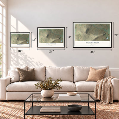 Hickory Hills, Pennsylvania map in 12 x 18, 18 x 24 and 24 x 36 inch sizes above a sofa