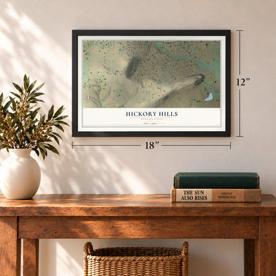 Hickory Hills, Pennsylvania map, 12 x 18 inch print in a black frame in an entryway