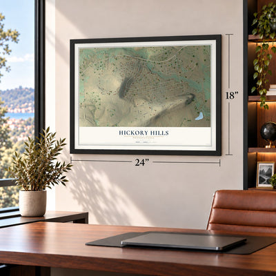 Hickory Hills, Pennsylvania map, 18 x 24 inch print in a black frame in a home office