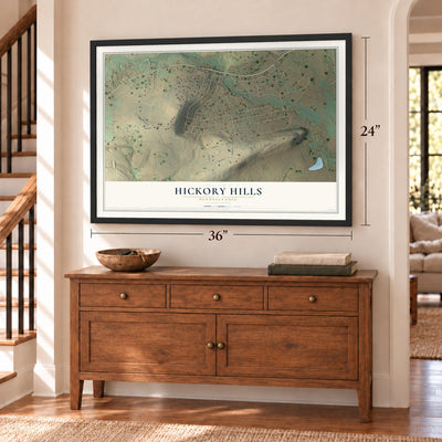 Hickory Hills, Pennsylvania map, 24 x 36 inch print in a black frame above a dresser by a staircase