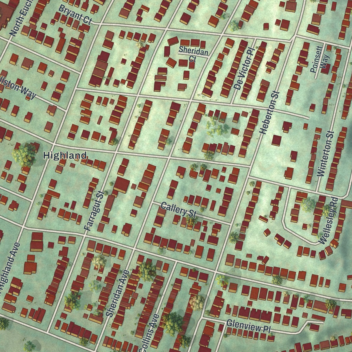 Close-up of the map of Highland Park, Pennsylvania print showing street and building detail