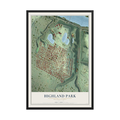 Map of Highland Park, Pennsylvania, 12 x 18 inch print in a black wood frame