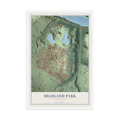 Map of Highland Park, Pennsylvania, 12 x 18 inch print in a white wood frame