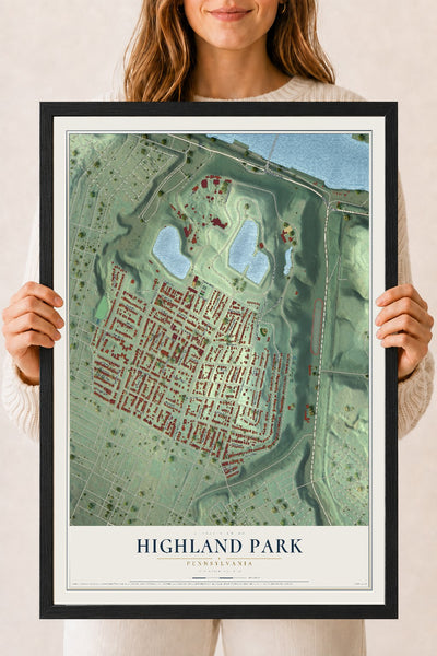 Map of Highland Park, Pennsylvania, 18 x 24 inch print in a black wood frame