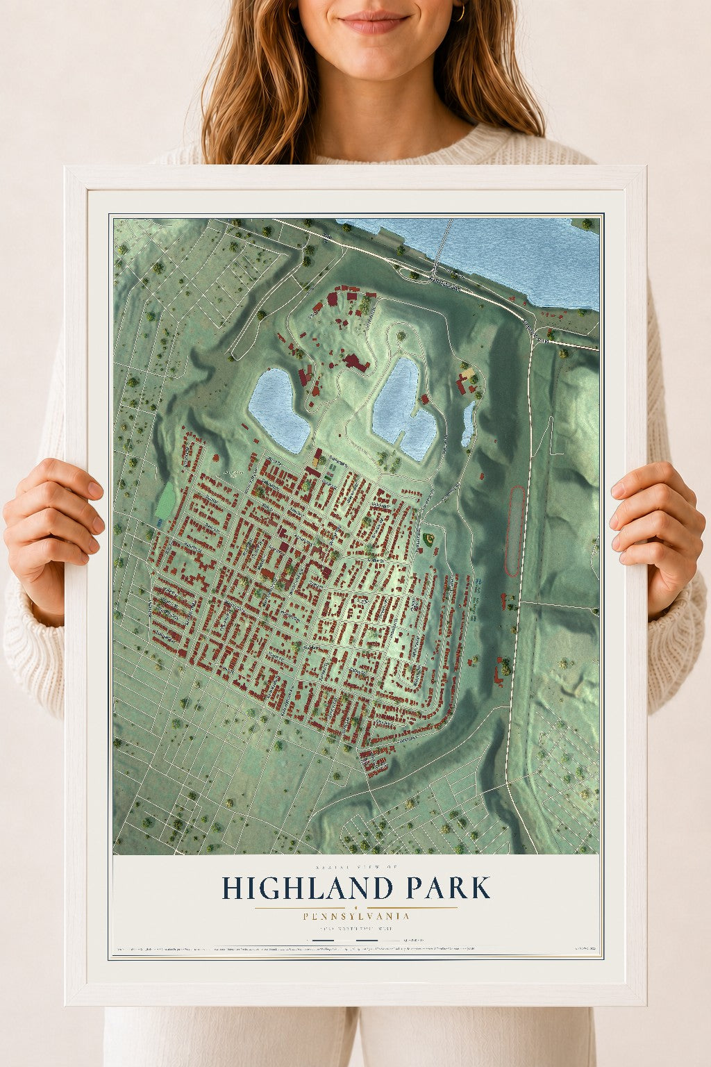 Map of Highland Park, Pennsylvania, 18 x 24 inch print in a white wood frame