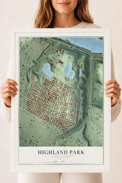 Map of Highland Park, Pennsylvania, 18 x 24 inch print in a white wood frame