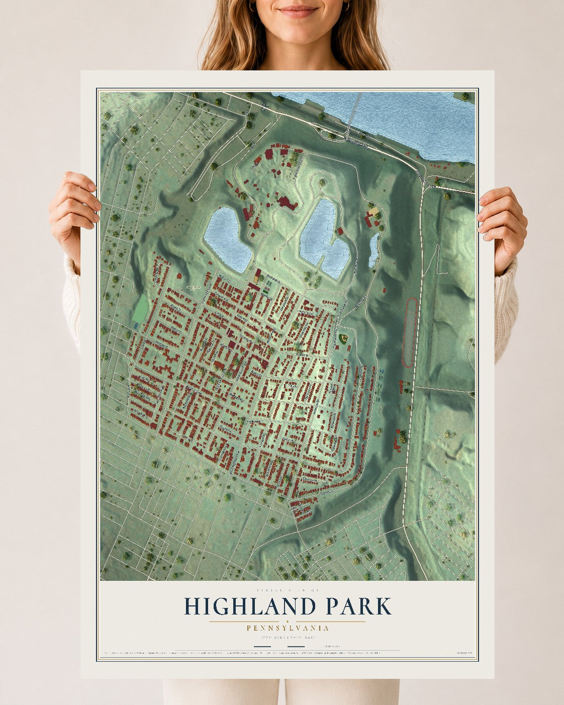 Map of Highland Park, Pennsylvania, 24 x 36 inch unframed archival matte print
