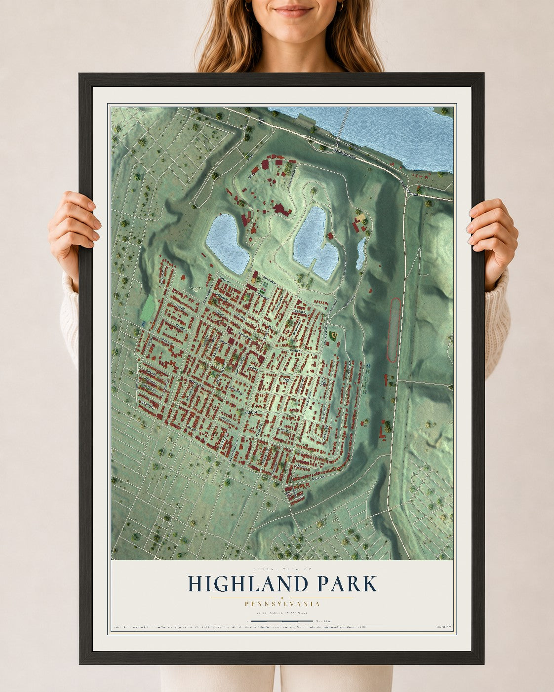 Map of Highland Park, Pennsylvania, 24 x 36 inch print in a black wood frame