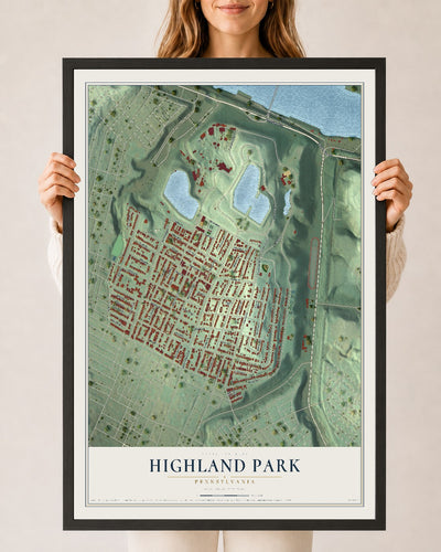 Map of Highland Park, Pennsylvania, 24 x 36 inch print in a black wood frame