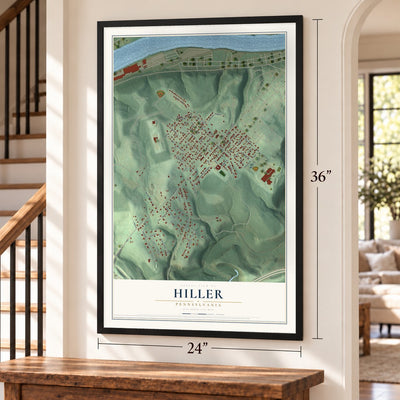 Hiller, Pennsylvania map, 24 x 36 inch print in a black frame by a staircase