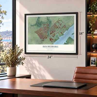 Holmesburg, Pennsylvania map, 18 x 24 inch print in a black frame in a home office