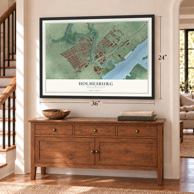 Holmesburg, Pennsylvania map, 24 x 36 inch print in a black frame above a dresser by a staircase