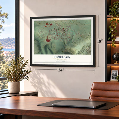 Hometown, Pennsylvania map, 18 x 24 inch print in a black frame in a home office