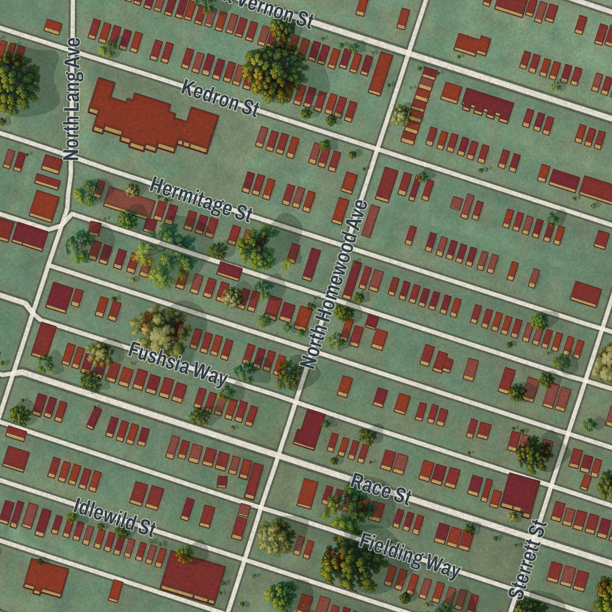Close-up of the map of Homewood North, Pennsylvania print showing street and building detail