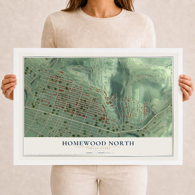 Map of Homewood North, Pennsylvania, 12 x 18 inch print in a white wood frame