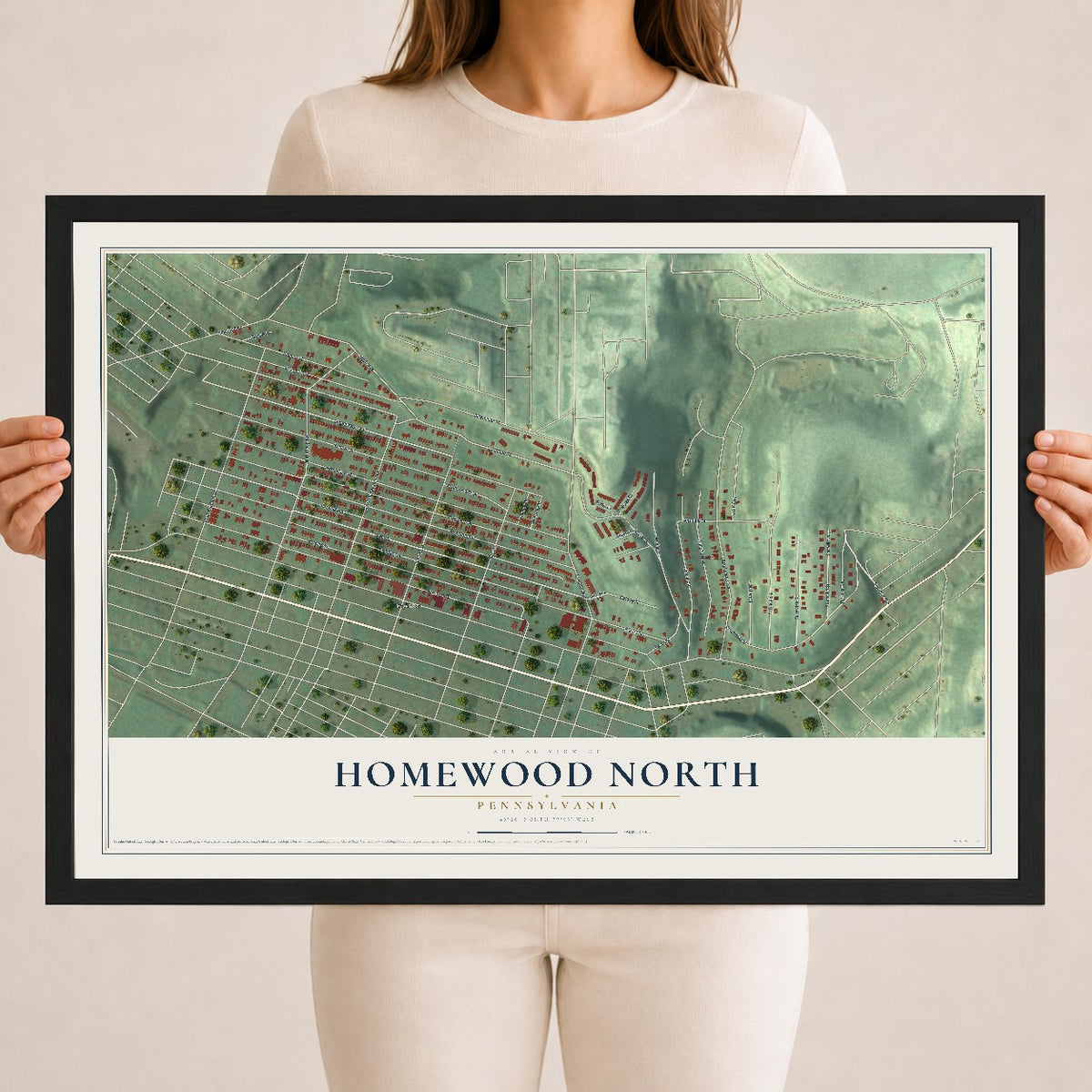 Map of Homewood North, Pennsylvania, 18 x 24 inch print in a black wood frame
