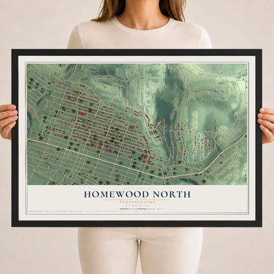 Map of Homewood North, Pennsylvania, 18 x 24 inch print in a black wood frame