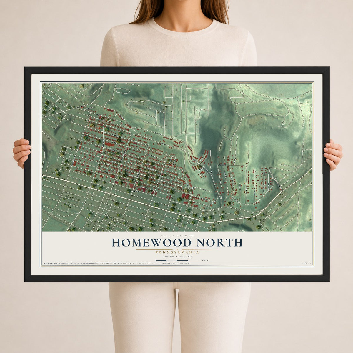 Map of Homewood North, Pennsylvania, 24 x 36 inch print in a black wood frame