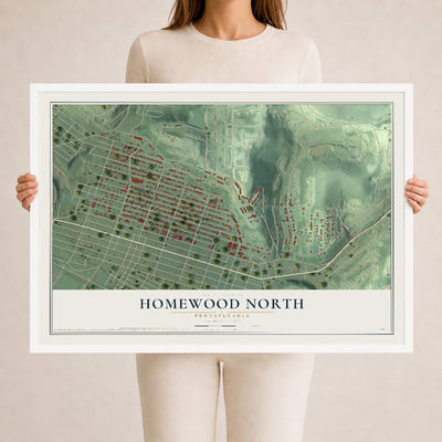 Map of Homewood North, Pennsylvania, 24 x 36 inch print in a white wood frame