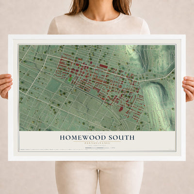 Map of Homewood South, Pennsylvania, 18 x 24 inch print in a white wood frame