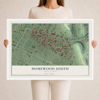 Map of Homewood South, Pennsylvania, 24 x 36 inch print in a white wood frame