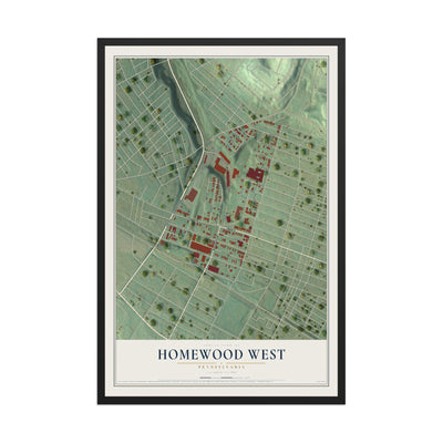 Map of Homewood West, Pennsylvania, 12 x 18 inch print in a black wood frame