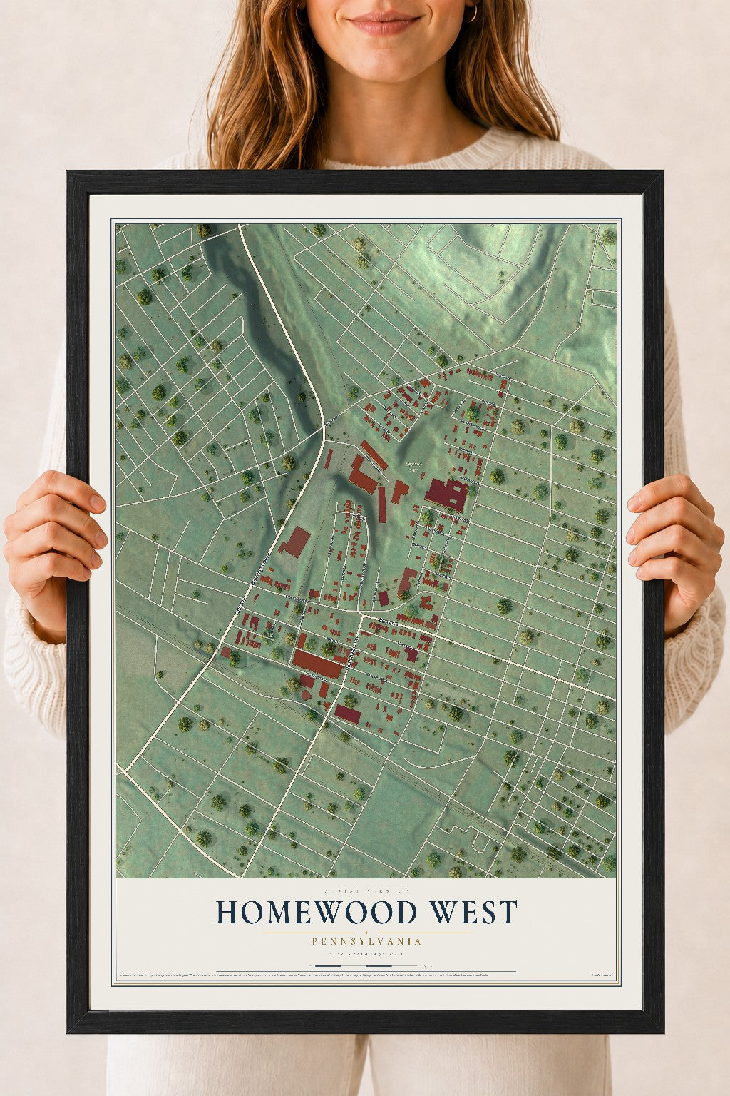 Map of Homewood West, Pennsylvania, 18 x 24 inch print in a black wood frame