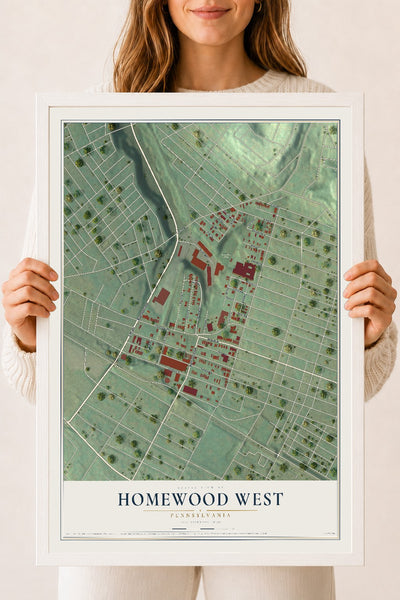 Map of Homewood West, Pennsylvania, 18 x 24 inch print in a white wood frame