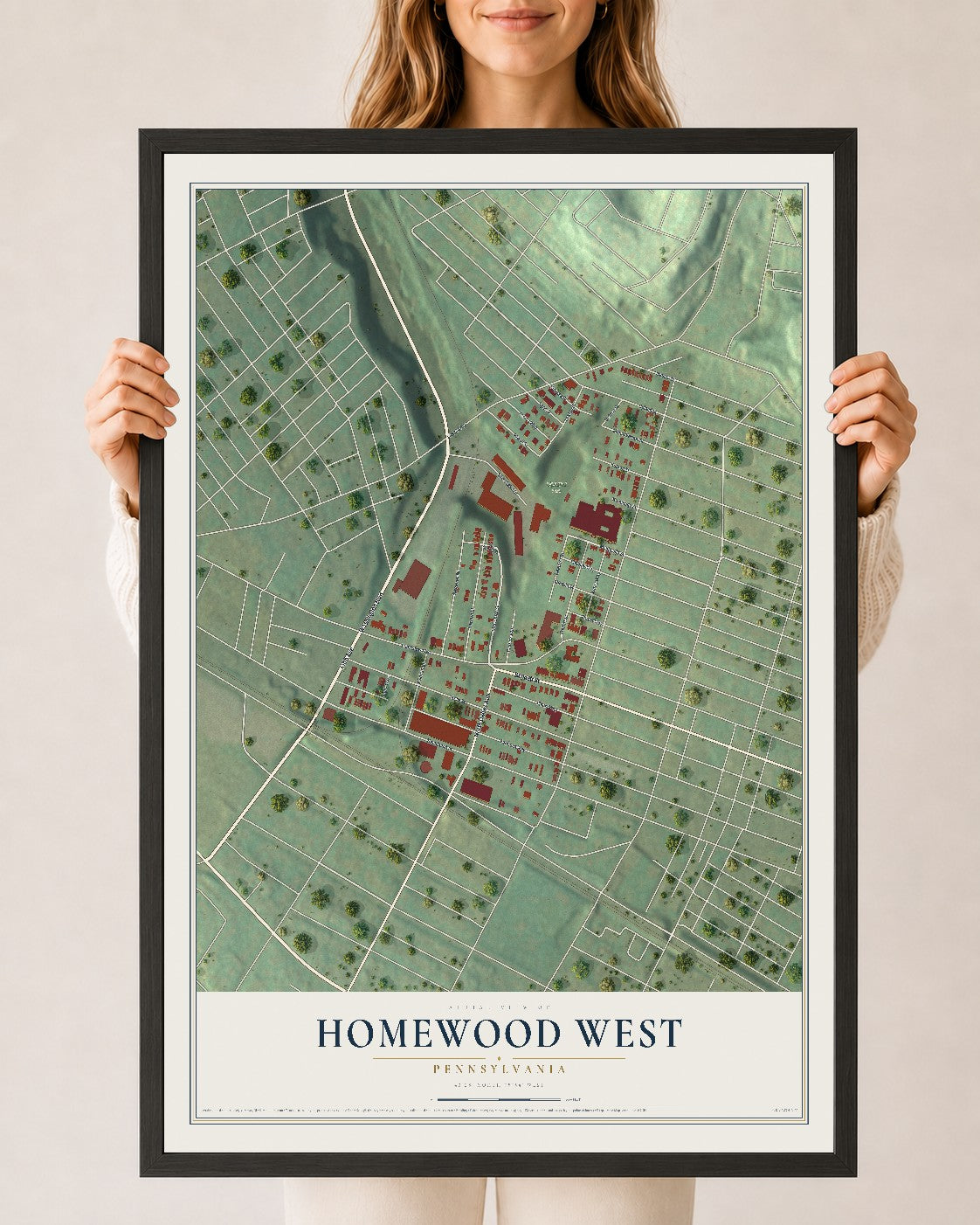 Map of Homewood West, Pennsylvania, 24 x 36 inch print in a black wood frame