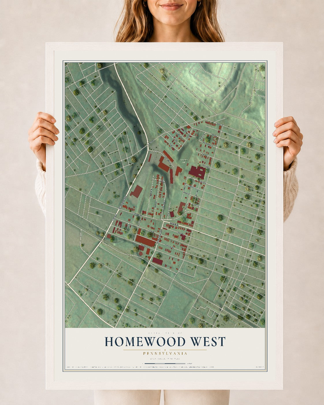 Map of Homewood West, Pennsylvania, 24 x 36 inch print in a white wood frame
