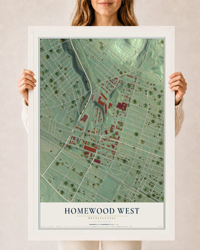 Map of Homewood West, Pennsylvania, 24 x 36 inch print in a white wood frame