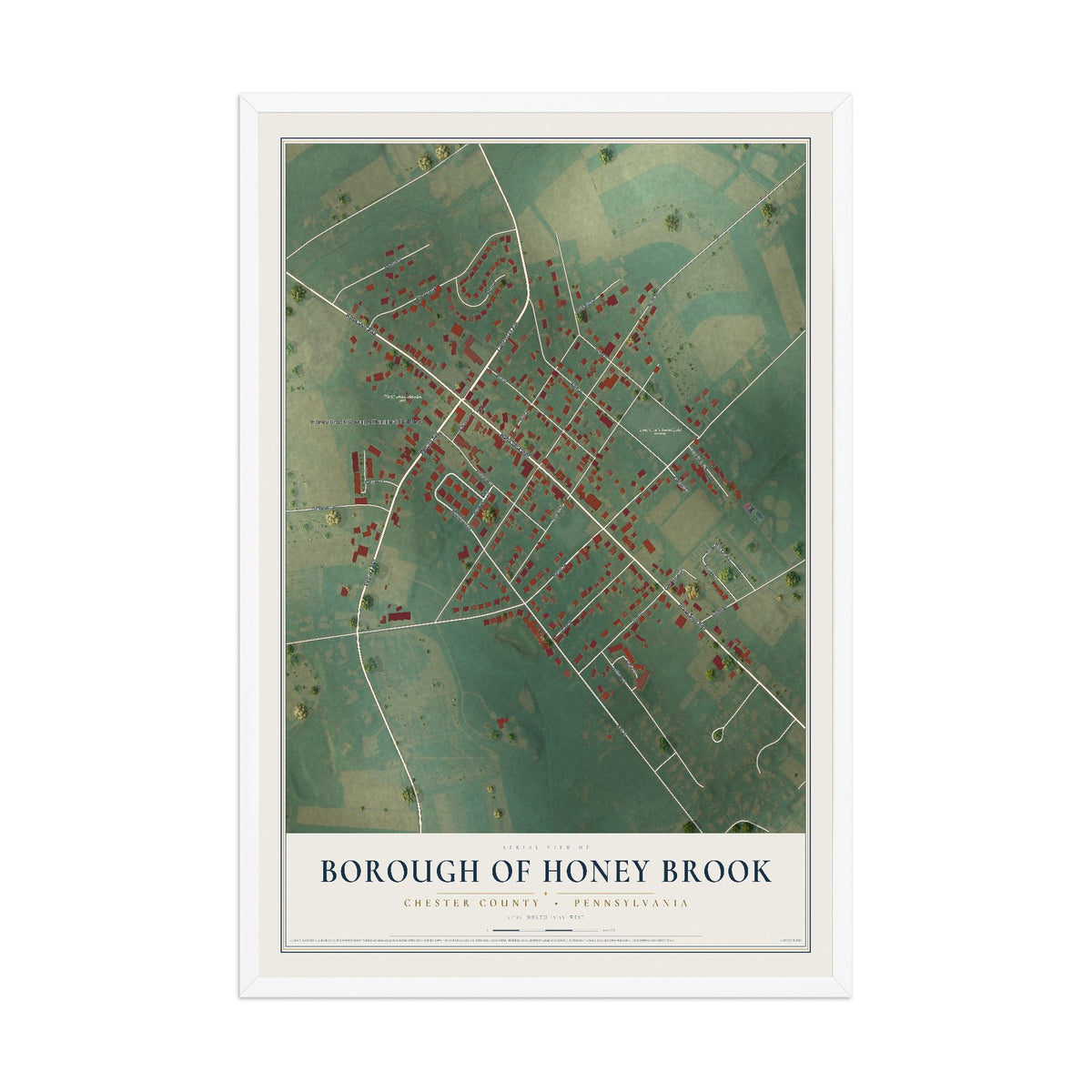 Map of the Borough of Honey Brook, Chester County, Pennsylvania, 12 x 18 inch print in a white wood frame