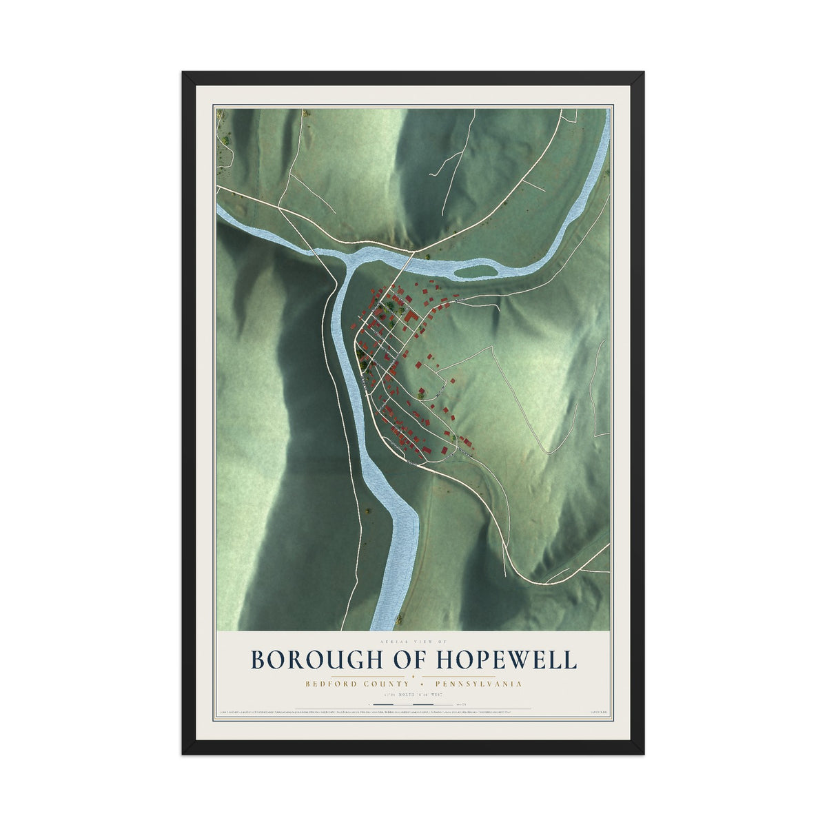 Map of the Borough of Hopewell, Bedford County, Pennsylvania, 12 x 18 inch print in a black wood frame