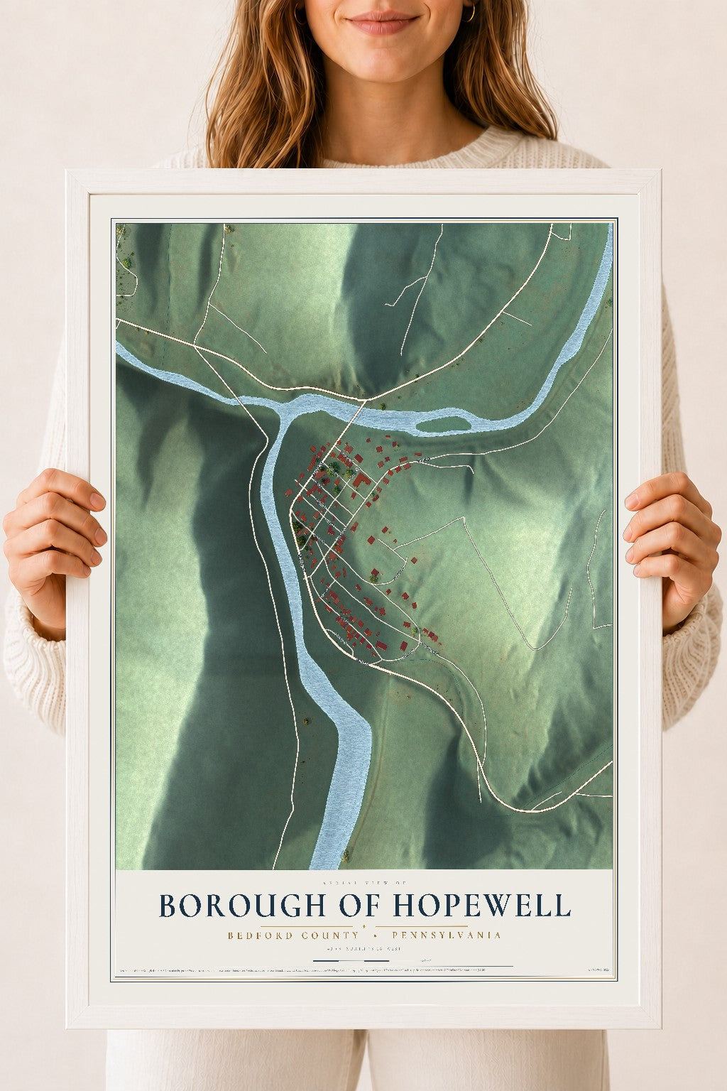 Map of the Borough of Hopewell, Bedford County, Pennsylvania, 18 x 24 inch print in a white wood frame