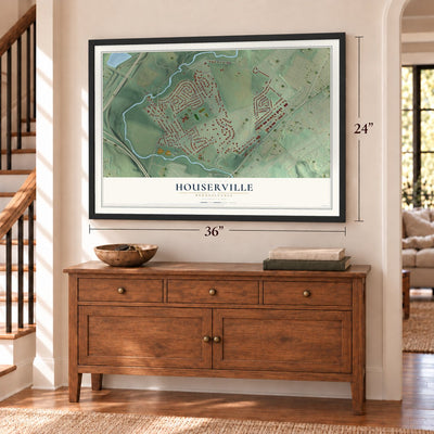 Houserville, Pennsylvania map, 24 x 36 inch print in a black frame above a dresser by a staircase