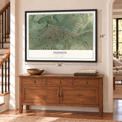 Hudson, Pennsylvania map, 24 x 36 inch print in a black frame above a dresser by a staircase