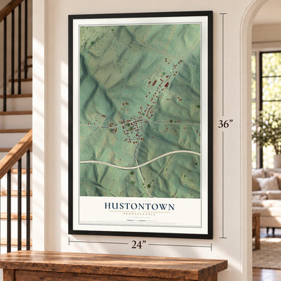 Hustontown, Pennsylvania map, 24 x 36 inch print in a black frame by a staircase