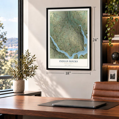Indian Rocks, Pennsylvania map, 18 x 24 inch print in a black frame in a home office