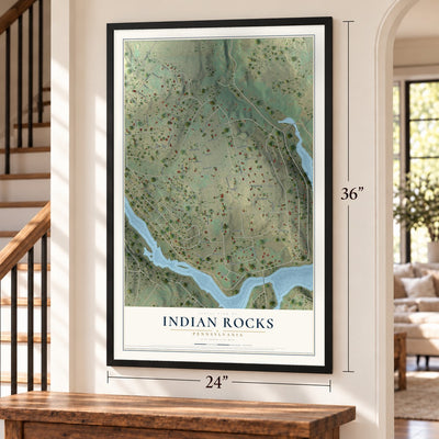 Indian Rocks, Pennsylvania map, 24 x 36 inch print in a black frame by a staircase