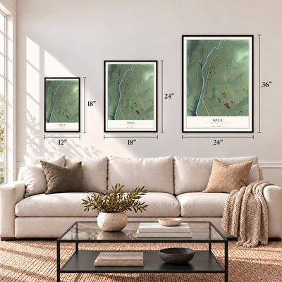 Iola, Pennsylvania map in 12 x 18, 18 x 24 and 24 x 36 inch sizes above a sofa