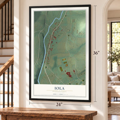 Iola, Pennsylvania map, 24 x 36 inch print in a black frame by a staircase