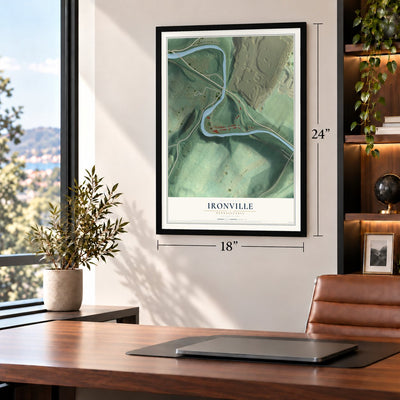 Ironville, Pennsylvania map, 18 x 24 inch print in a black frame in a home office
