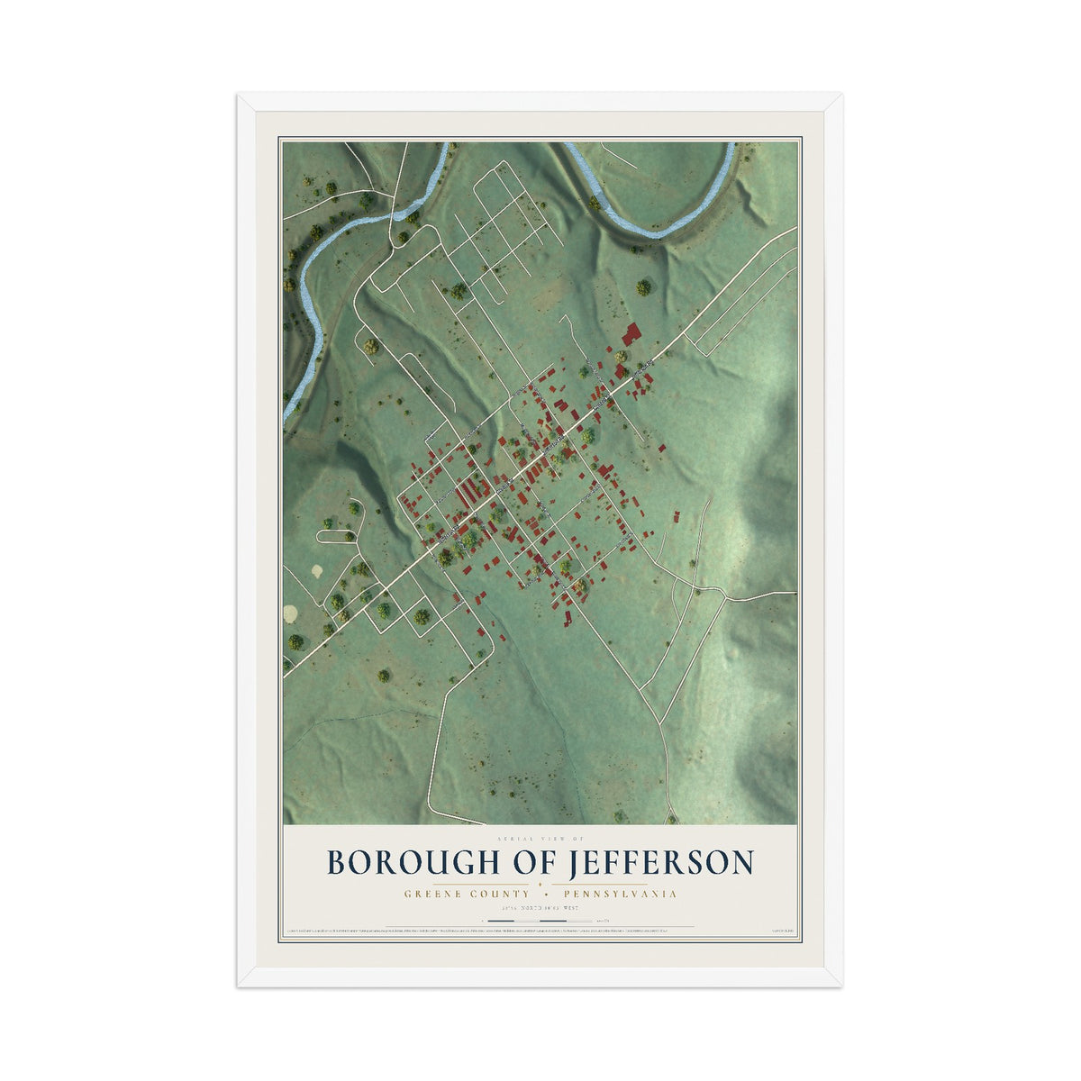 Map of the Borough of Jefferson, Greene County, Pennsylvania, 12 x 18 inch print in a white wood frame