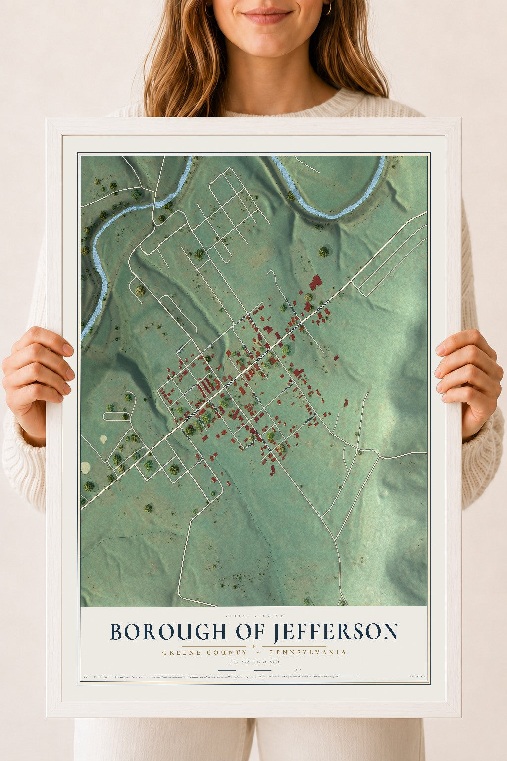 Map of the Borough of Jefferson, Greene County, Pennsylvania, 18 x 24 inch print in a white wood frame
