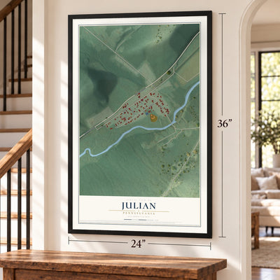 Julian, Pennsylvania map, 24 x 36 inch print in a black frame by a staircase
