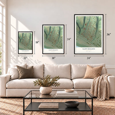 Kapp Heights, Pennsylvania map in 12 x 18, 18 x 24 and 24 x 36 inch sizes above a sofa