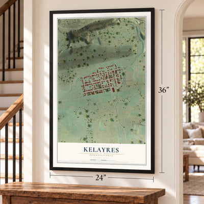 Kelayres, Pennsylvania map, 24 x 36 inch print in a black frame by a staircase