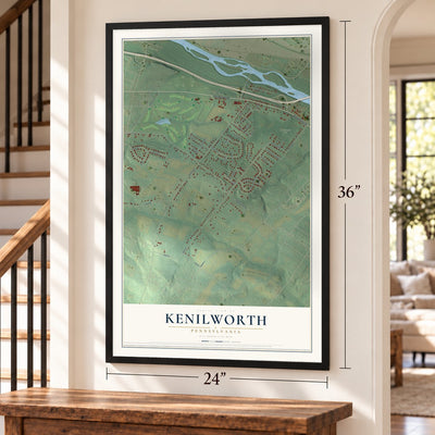 Kenilworth, Pennsylvania map, 24 x 36 inch print in a black frame by a staircase