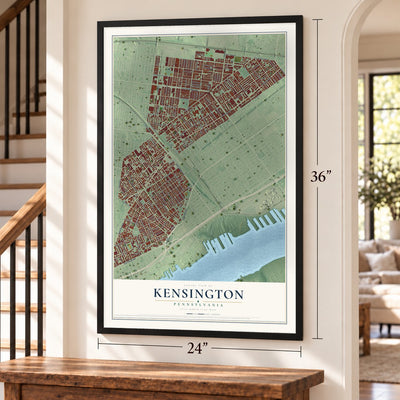 Kensington, Pennsylvania map, 24 x 36 inch print in a black frame by a staircase